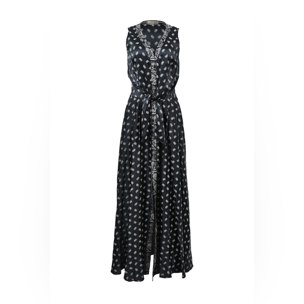 Pierre Balmain Black Silk paisley foulard print neck tie-waist midi Dress 42‎